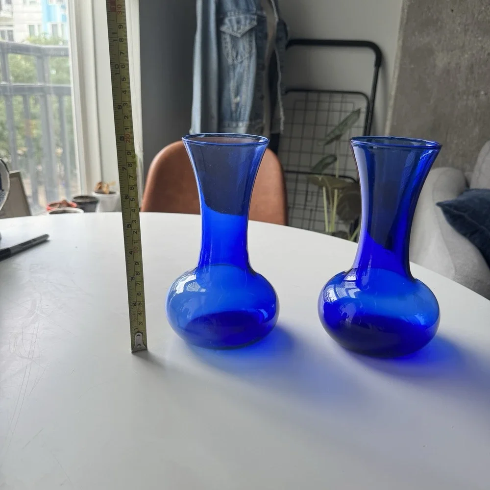 Pair Vintage Cobalt Blue Glass Bud Vases Flared Rim 8